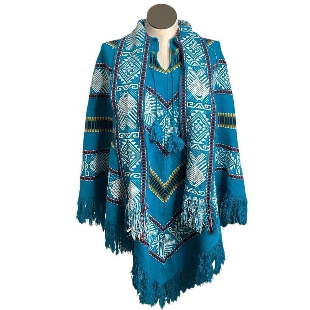 Vtg 80s Sarape One Size Bright Blue Western Cowgirl Blanket Print Poncho